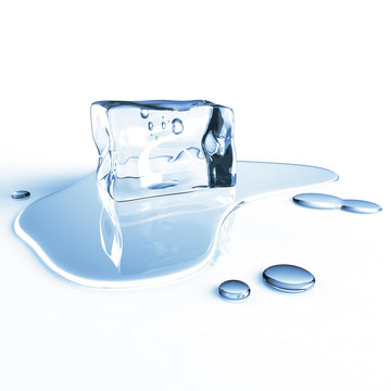 Single melting ice cube isolated on a white reflecting table
