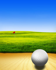 White Golf ball on sand and green grass