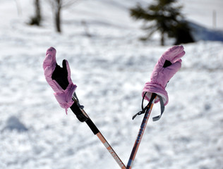 gants de ski roses et bâtons neige