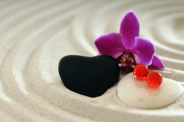 Obraz na płótnie Canvas Kamienie jako serce w piasku ślady i kwiat