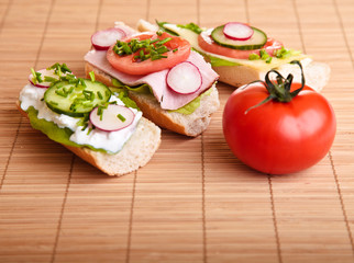 Different sandwiches with vegetables and cheese isolated