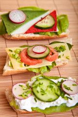 Different sandwiches with vegetables and cheese isolated