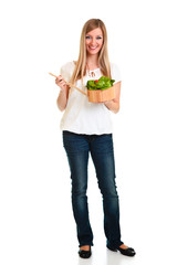 Woman with salad isolated on white