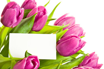 A bunch of pink tulips with business card.