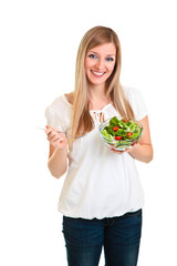 Woman with salad isolated on white