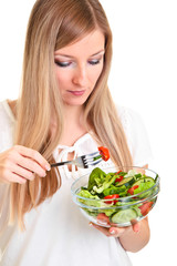 Woman with salad isolated on white