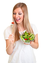 Woman with salad isolated on white