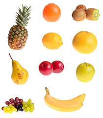 Different fruits on white isolated background
