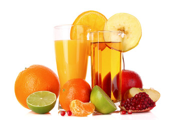Fruits and glasses with juice isolated on white