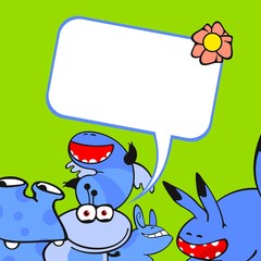 Cute card with a group of little blue monster friends