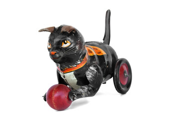 Vintage wind-up tin cat toy with ball