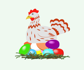 Chicken with easter eggs.