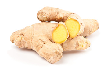 Ginger sliced and fresh isolated on white