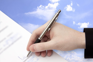 The Signature of Business Contract on the cloudy Sky
