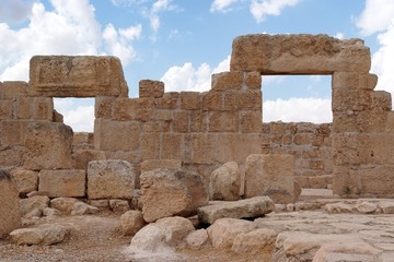 Double stone entrance to ruined ancient synagogue