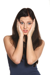 Fototapeta premium A young attractive woman troubling and holding her head