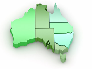 Three-dimensional map of Australia on white isolated background.