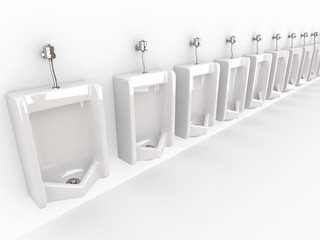 Row of urinals on white isolated background