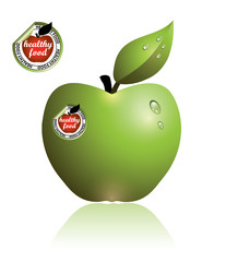 Green apple and sticker for healthy food. Vector