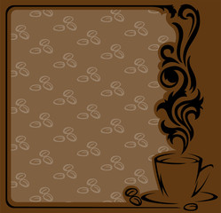 frame with a stylized  a cup of coffee and coffee beans