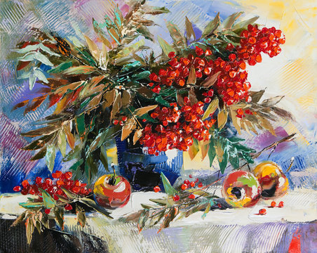Still-life with a mountain ash and apples