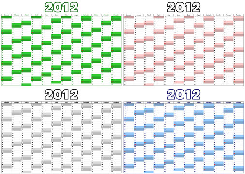 vector calendar for 2012 in English in four different colors