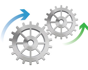 Gears in motion, gear and arrows business concept