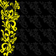 yellow floral tracery on a black patterned background