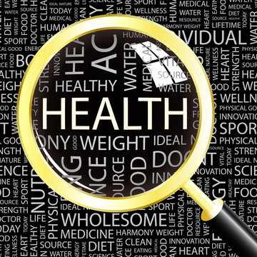 HEALTH. Magnifying glass over different association terms.