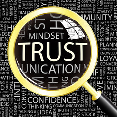 TRUST. Magnifying glass over different association terms. © Login
