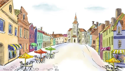 Papier Peint photo Café de rue dessiné attiré par la vieille ville