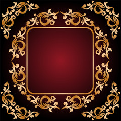 vintage frame from the golden ornament on dark red background