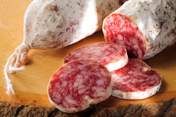 Salami slices close up