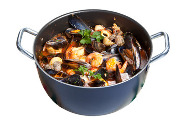 Mediterranean style tomato seafood soup.