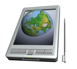 pocket pc and blue globe a white background.