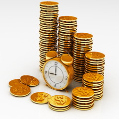 Time is money concept with clock and coins