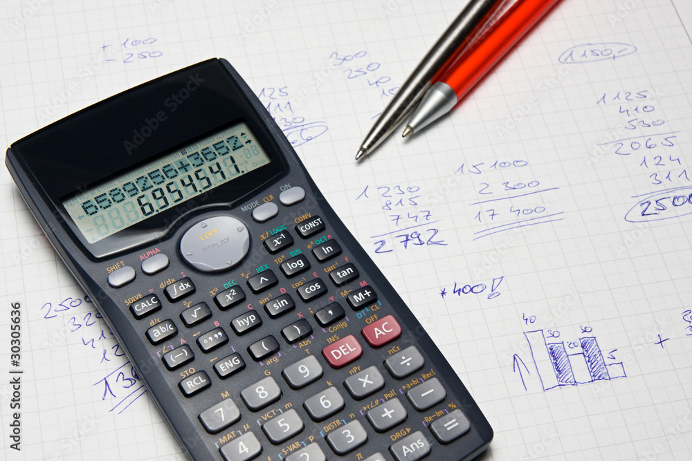 Poster Mathematical calculator and hand counts in the background