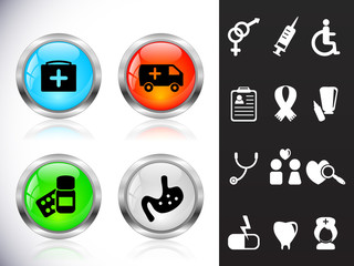 Web metal buttons, healthcare and medicine symbols