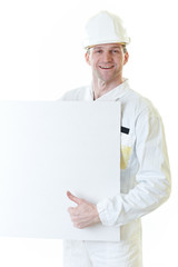 Builder in white with blank card showing thumbs up