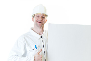 Builder man with blank and pen