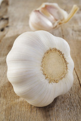 garlic head on wood background