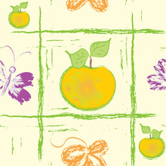 Stoffe zum Nähen Nahtloses Grunge-Muster mit Apfel, Schmetterling und Blatt