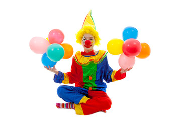 child dressed as colorful funny clown over white background