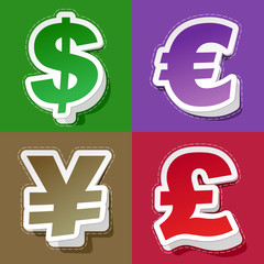 Vector dollar, euro, yen and pound stickers.