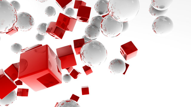 White balls and red cubes flying in the white space