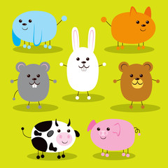 Collection of seven cute farm and pet animals smiling happy