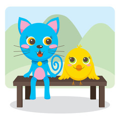 Blue cat and Yellow bird friends sit on a park bench together