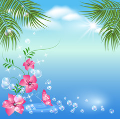 Fototapeta na wymiar Marine landscape with palm trees and flowers