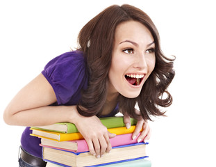 Girl with stack color book .