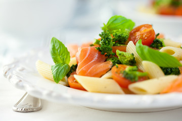 Delicious pasta salad with salmon and broccoli